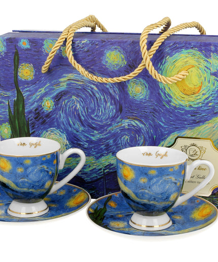 Set 2 cesti espresso cu farfurioare Starry Night, inspirat de Van Gogh - Golden Line, 90 ml - Victoria home deco