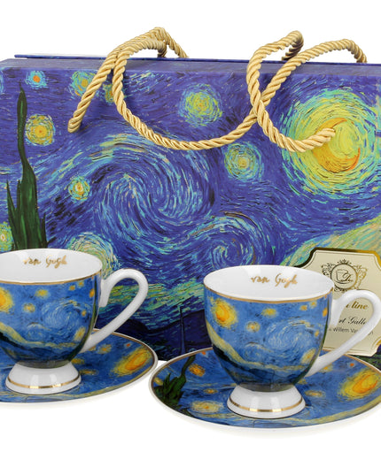 Set 2 cesti espresso cu farfurioare Starry Night, inspirat de Van Gogh - Golden Line, 90 ml - Victoria home deco