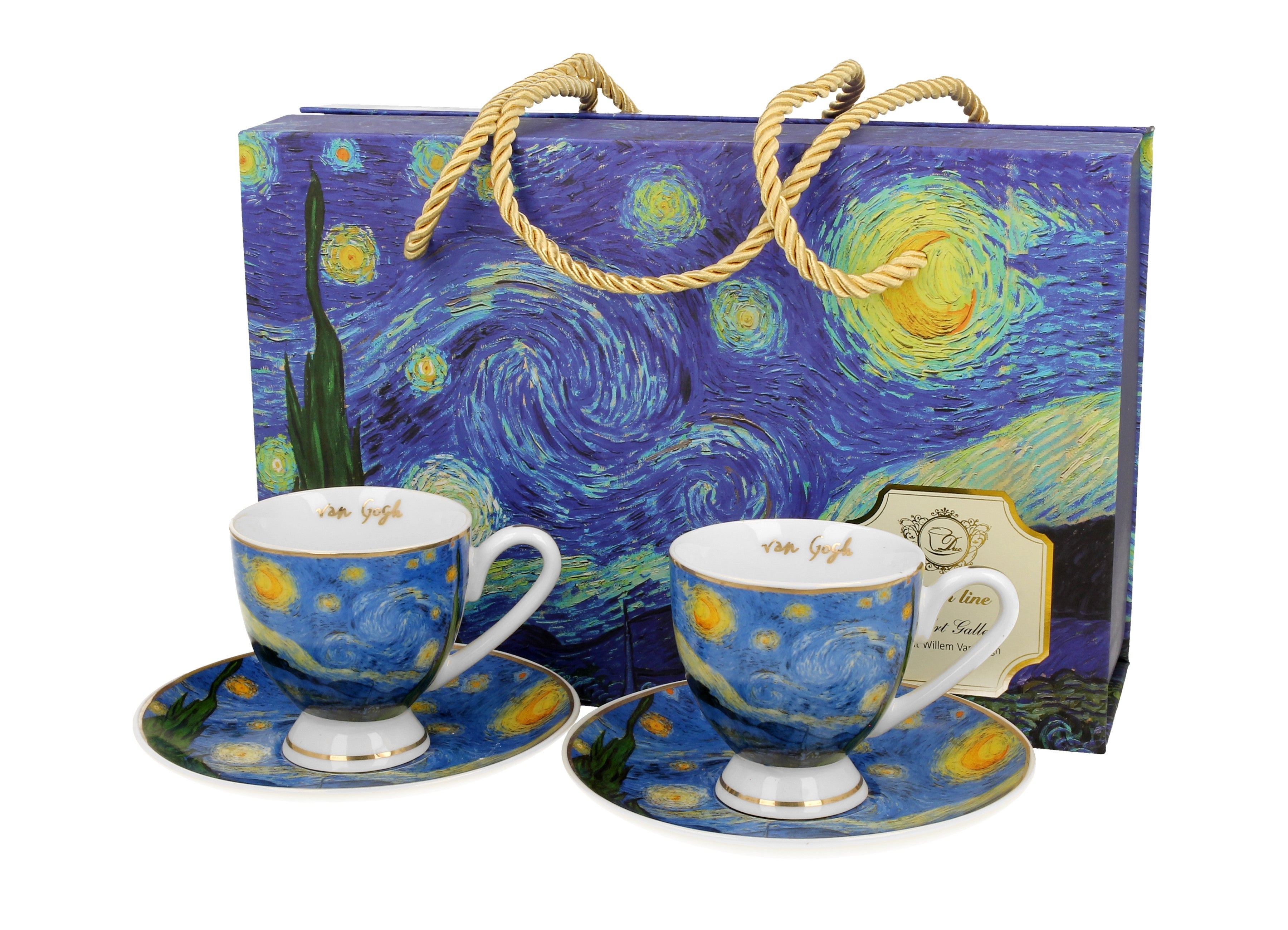 Set 2 cesti espresso cu farfurioare Starry Night, inspirat de Van Gogh - Golden Line, 90 ml - Victoria home deco