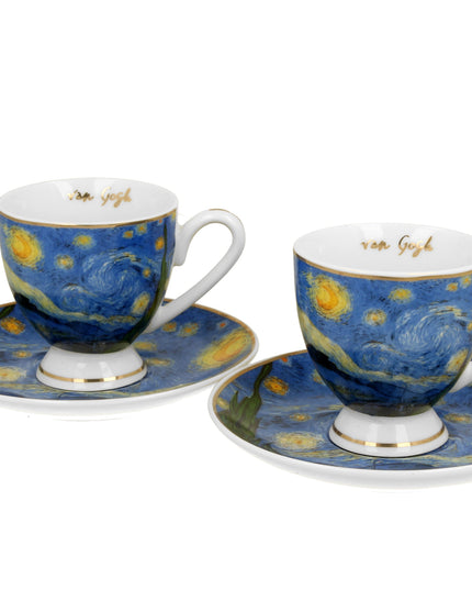 Set 2 cesti espresso cu farfurioare Starry Night, inspirat de Van Gogh - Golden Line, 90 ml - Victoria home deco