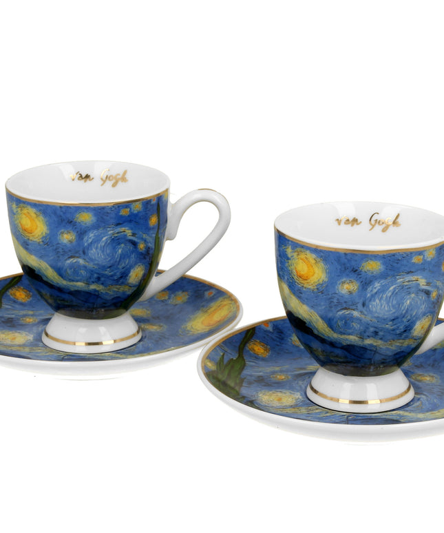 Set 2 cesti espresso cu farfurioare Starry Night, inspirat de Van Gogh - Golden Line, 90 ml - Victoria home deco