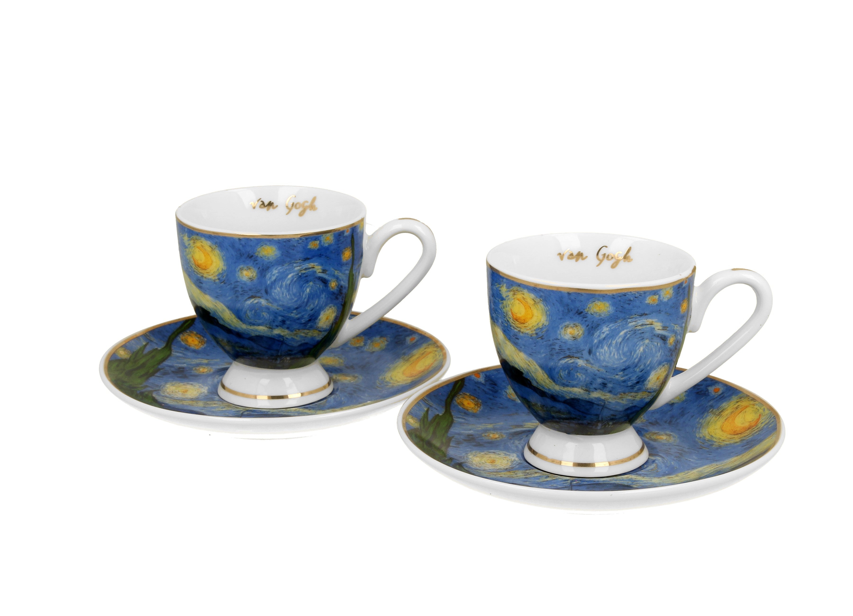 Set 2 cesti espresso cu farfurioare Starry Night, inspirat de Van Gogh - Golden Line, 90 ml - Victoria home deco