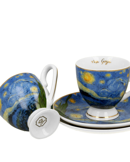Set 2 cesti espresso cu farfurioare Starry Night, inspirat de Van Gogh - Golden Line, 90 ml - Victoria home deco