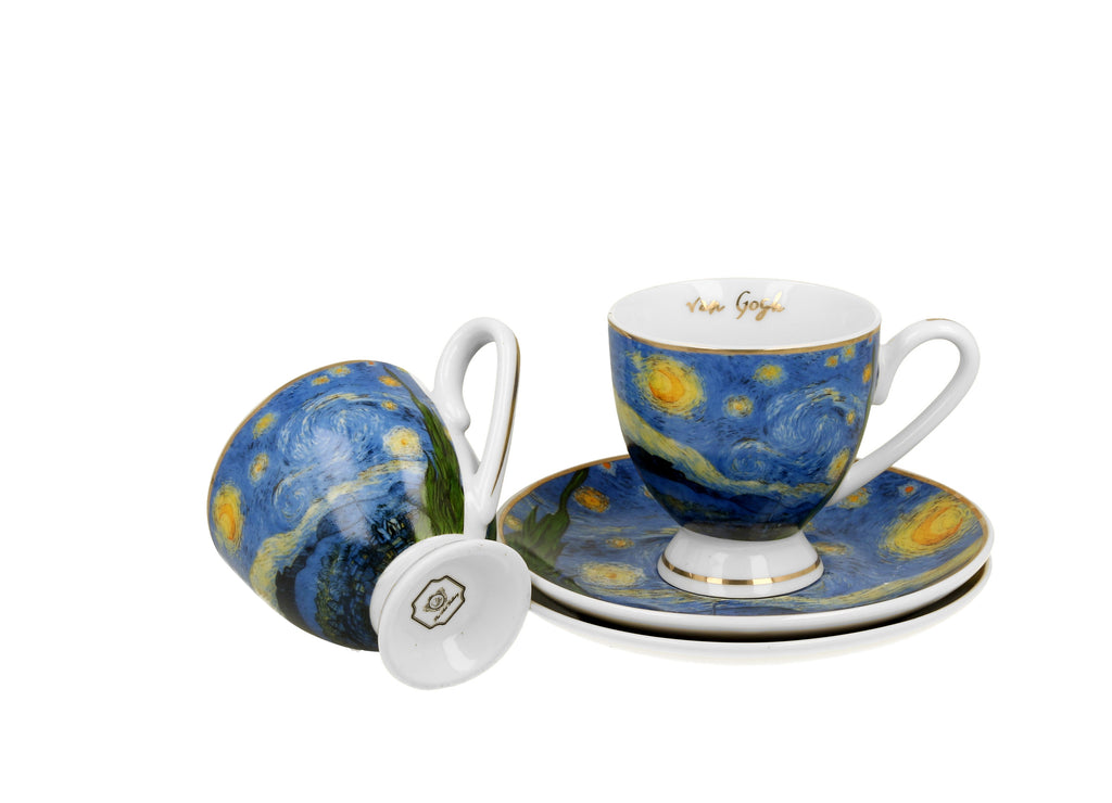 Set 2 cesti espresso cu farfurioare Starry Night, inspirat de Van Gogh - Golden Line, 90 ml - Victoria home deco