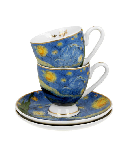 Set 2 cesti espresso cu farfurioare Starry Night, inspirat de Van Gogh - Golden Line, 90 ml - Victoria home deco