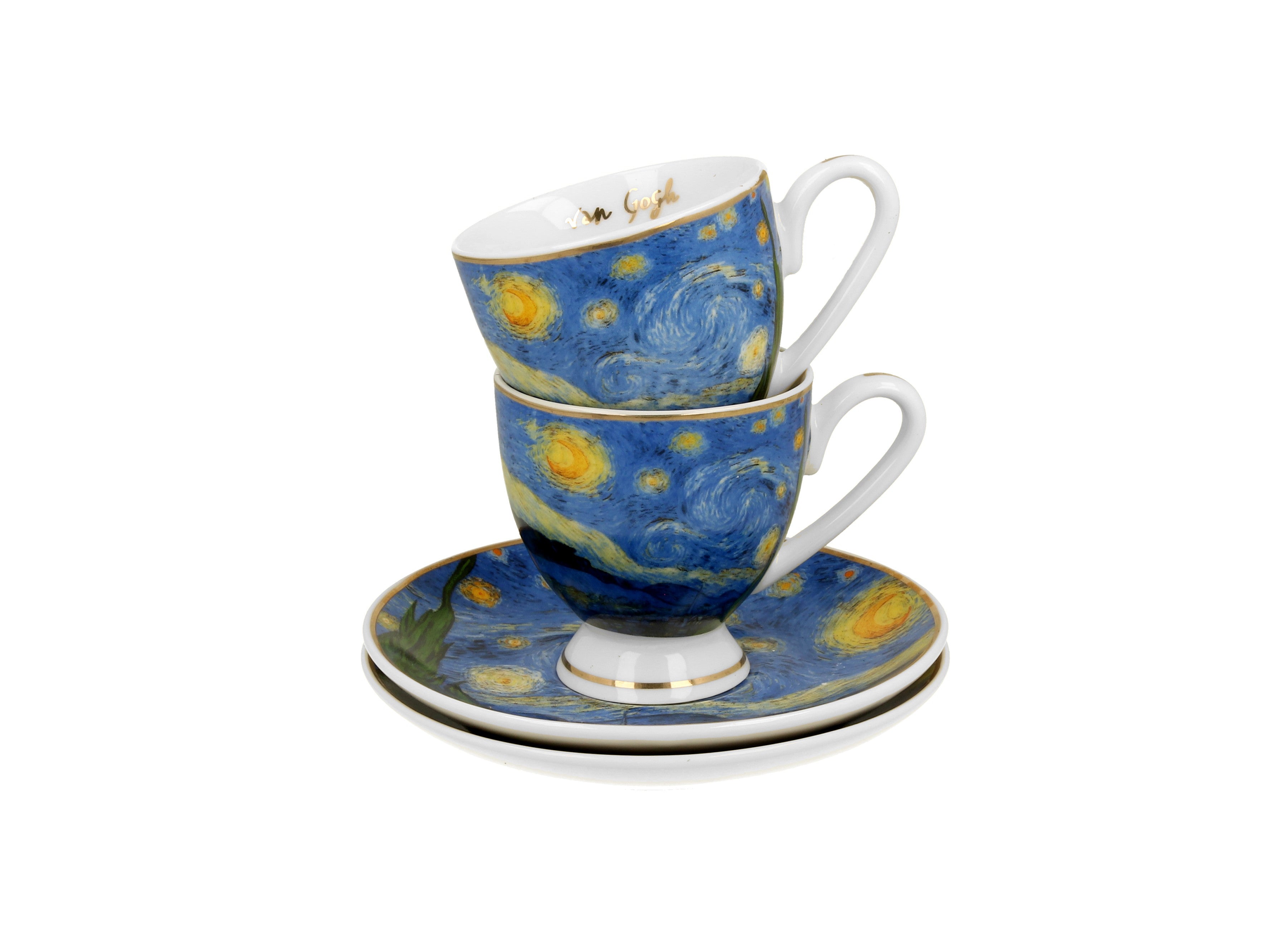 Set 2 cesti espresso cu farfurioare Starry Night, inspirat de Van Gogh - Golden Line, 90 ml - Victoria home deco