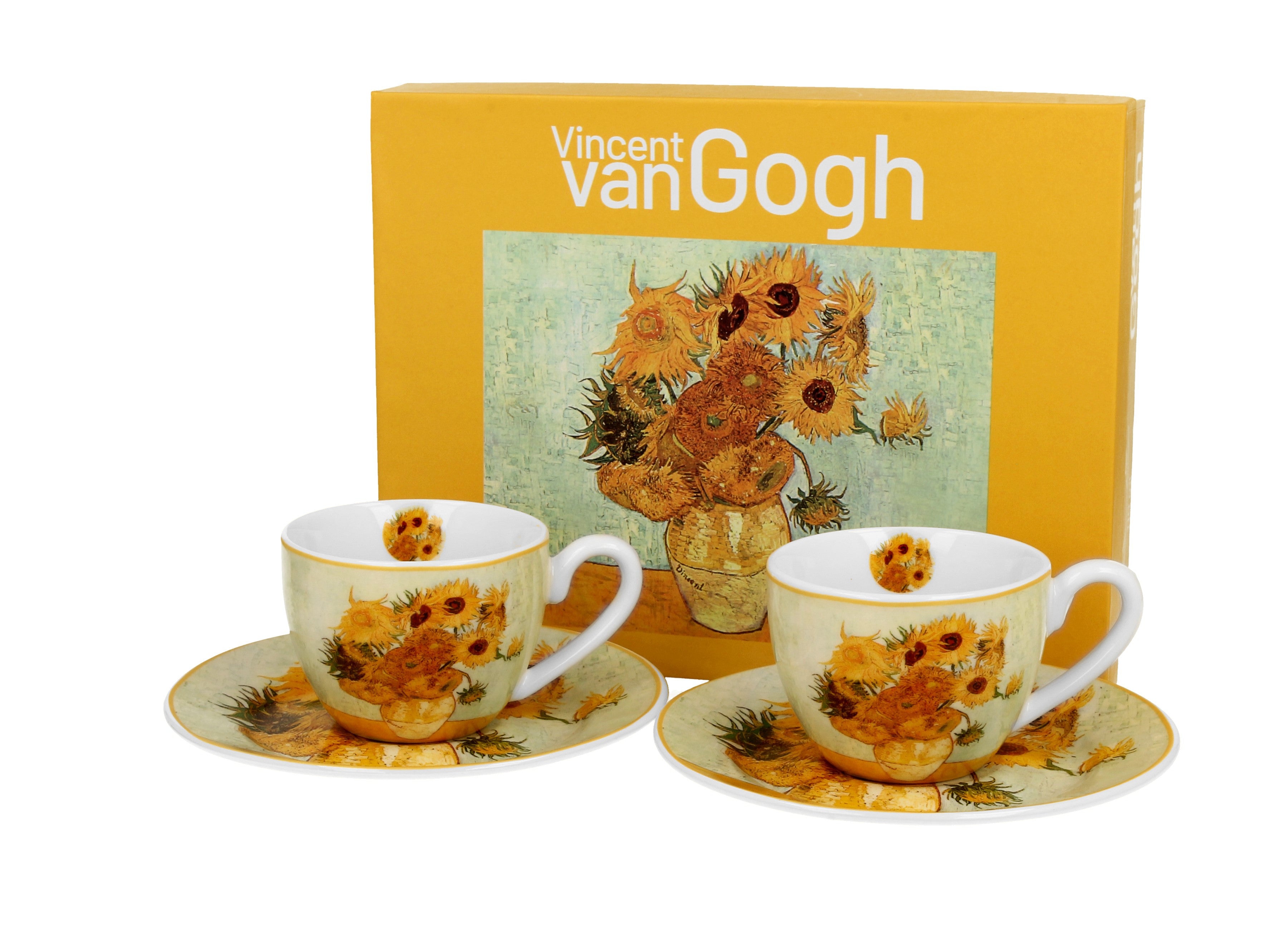 Set 2 cești de espresso cu farfurioare FLOAREA-SOARELUI inspirate de Van Gogh