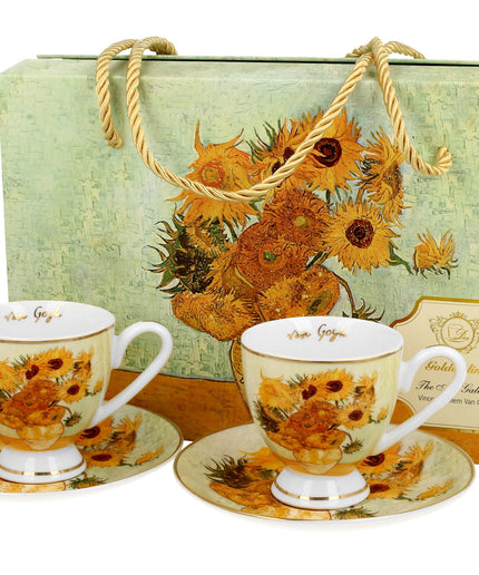 Set 2 cesti espresso cu farfurioare Floarea -Soarelui inspirat de Van Gogh - Golden Line, 90 ml - Victoria home deco