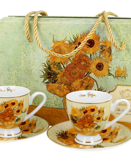 Set 2 cesti espresso cu farfurioare Floarea -Soarelui inspirat de Van Gogh - Golden Line, 90 ml - Victoria home deco