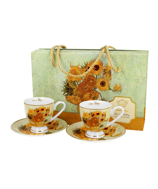 Set 2 cesti espresso cu farfurioare Floarea -Soarelui inspirat de Van Gogh - Golden Line, 90 ml - Victoria home deco