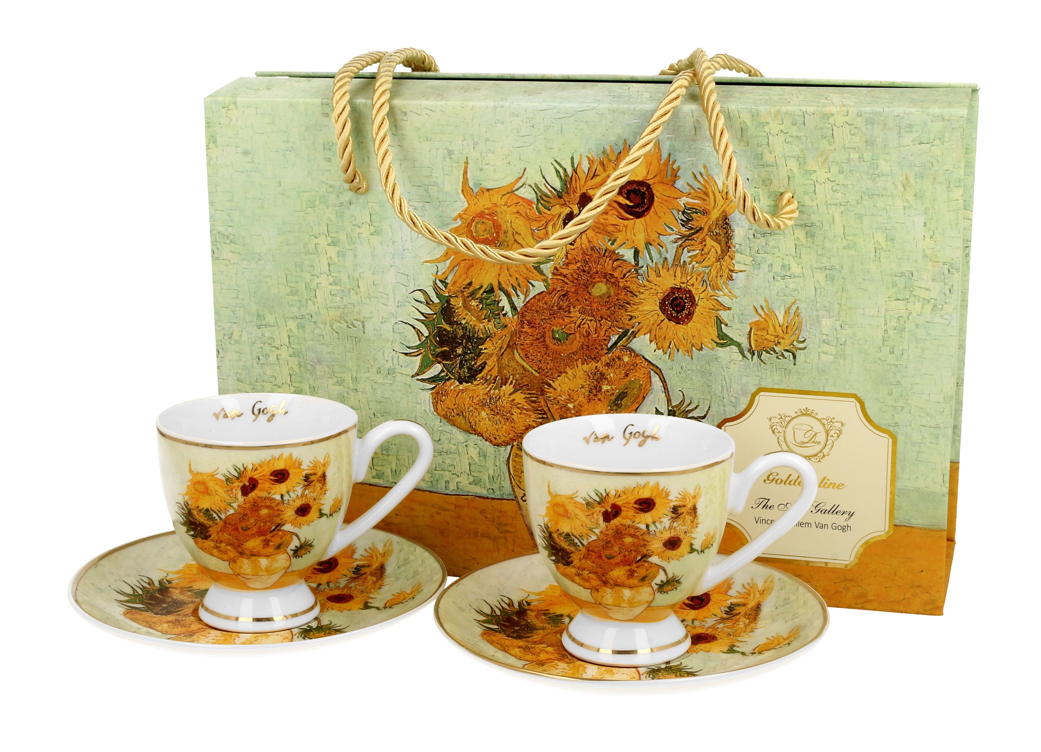Set 2 cesti espresso cu farfurioare Floarea -Soarelui inspirat de Van Gogh - Golden Line, 90 ml - Victoria home deco