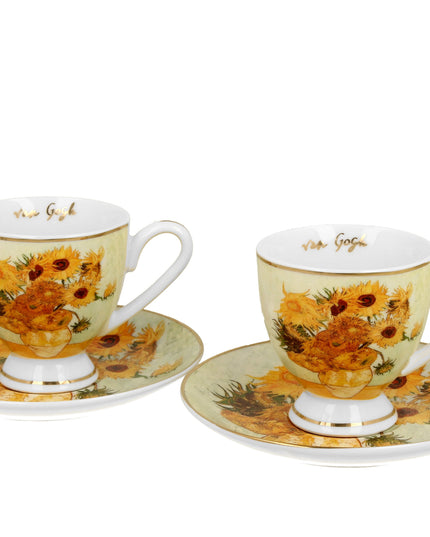 Set 2 cesti espresso cu farfurioare Floarea -Soarelui inspirat de Van Gogh - Golden Line, 90 ml - Victoria home deco