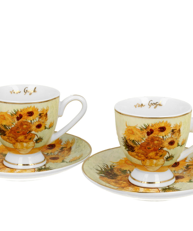 Set 2 cesti espresso cu farfurioare Floarea -Soarelui inspirat de Van Gogh - Golden Line, 90 ml - Victoria home deco