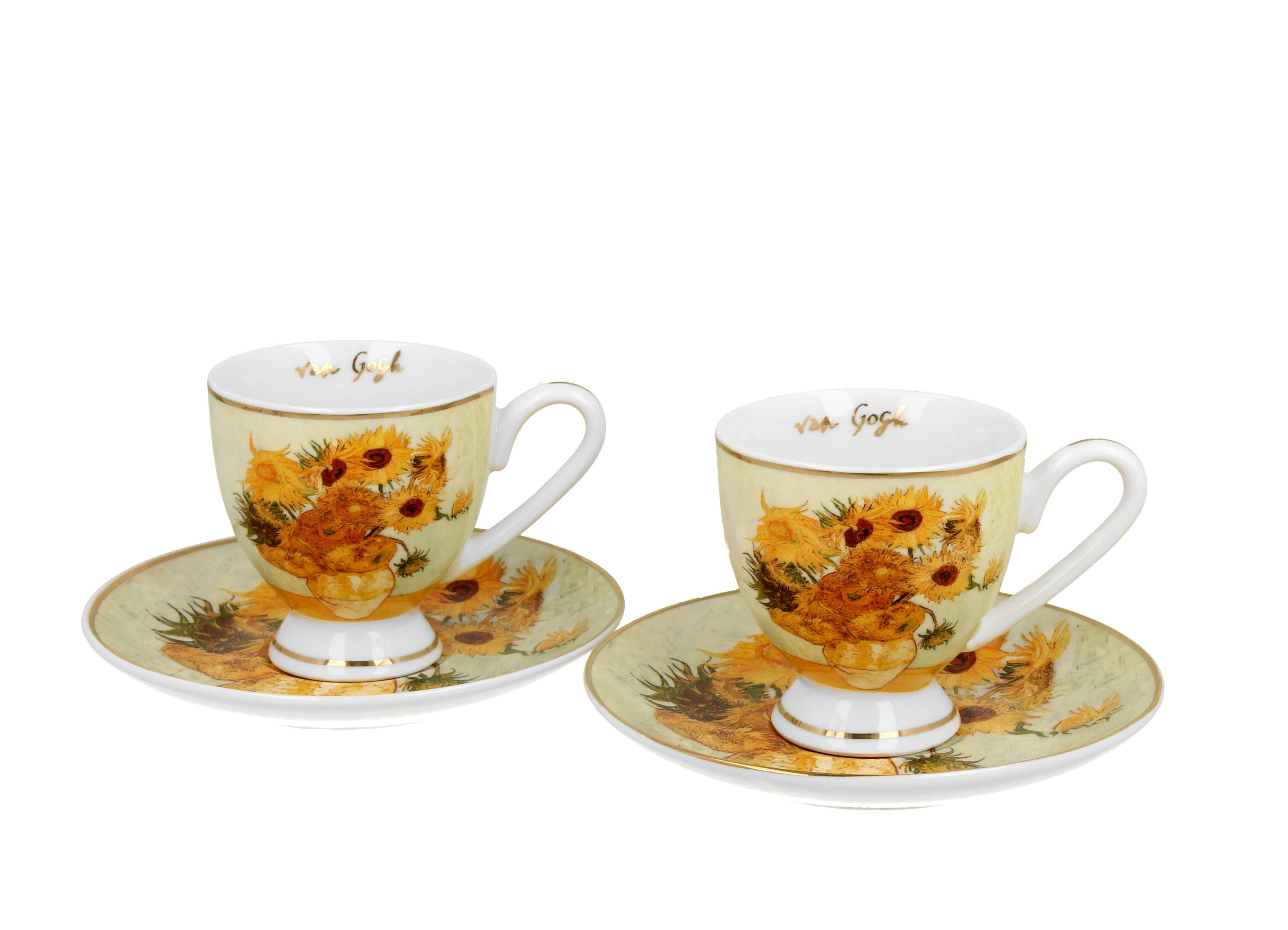 Set 2 cesti espresso cu farfurioare Floarea -Soarelui inspirat de Van Gogh - Golden Line, 90 ml - Victoria home deco
