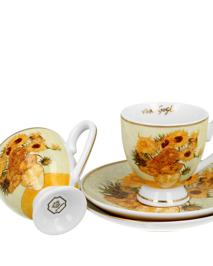 Set 2 cesti espresso cu farfurioare Floarea -Soarelui inspirat de Van Gogh - Golden Line, 90 ml - Victoria home deco