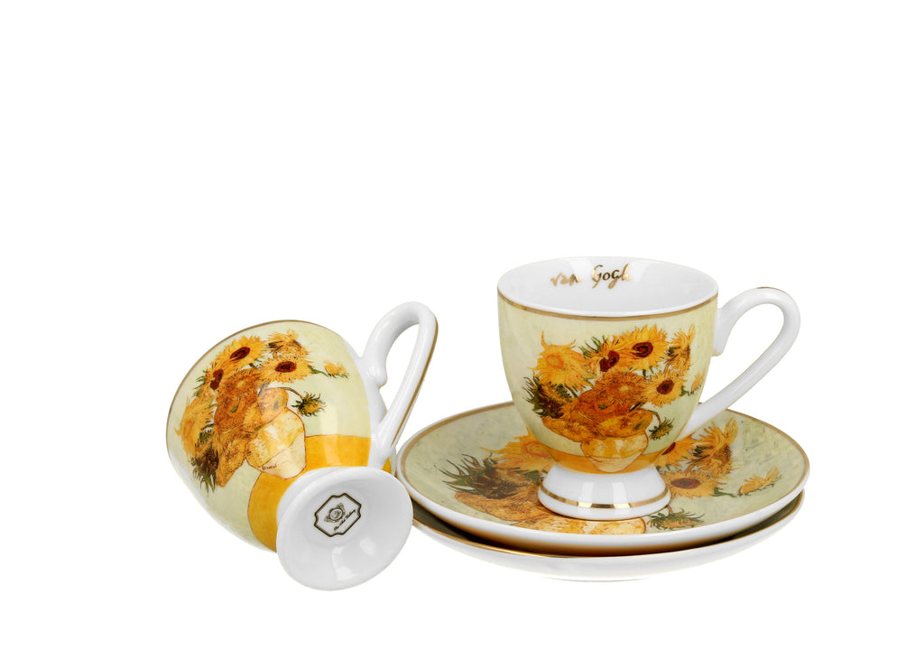 Set 2 cesti espresso cu farfurioare Floarea -Soarelui inspirat de Van Gogh - Golden Line, 90 ml - Victoria home deco