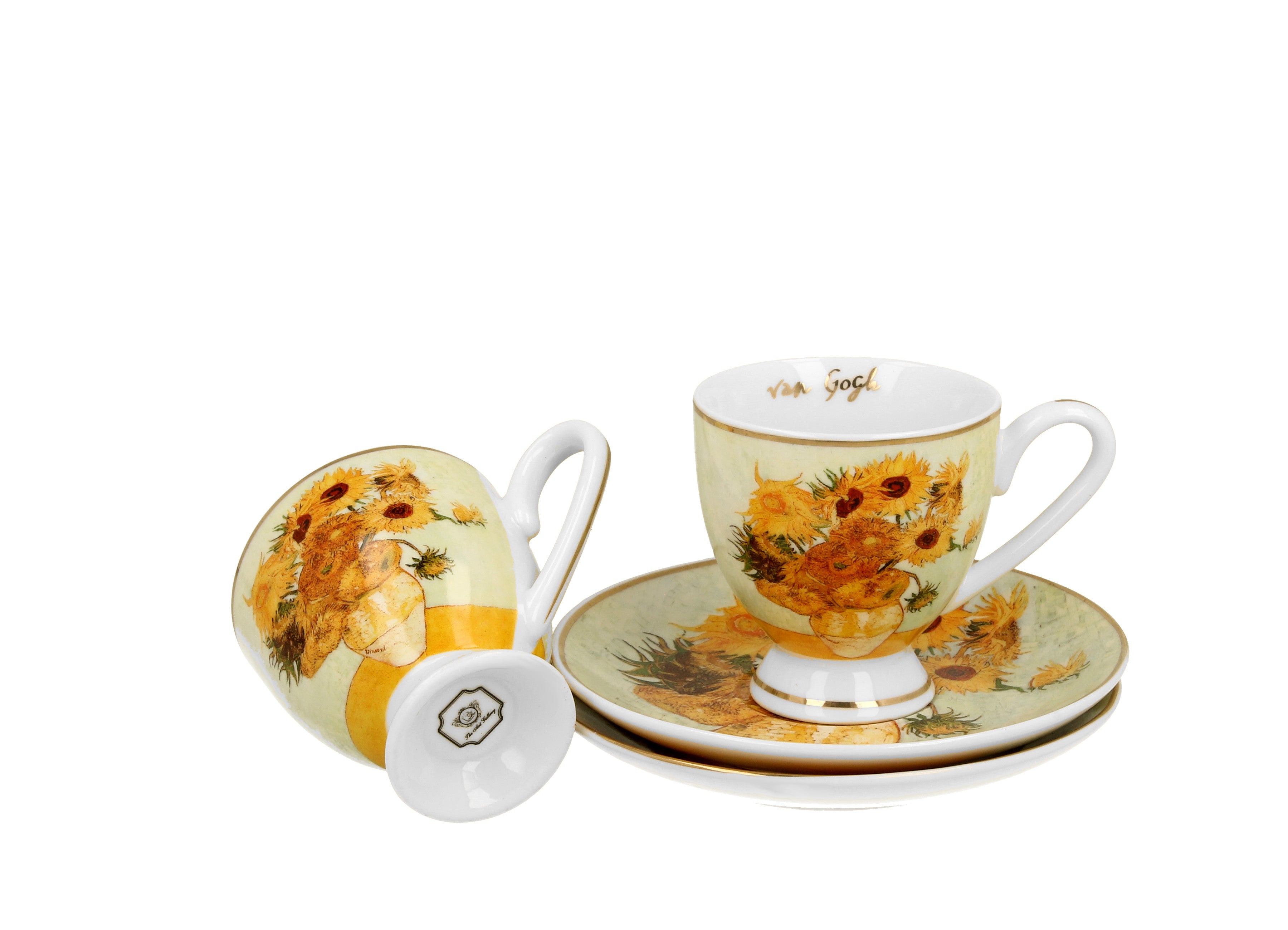 Set 2 cesti espresso cu farfurioare Floarea -Soarelui inspirat de Van Gogh - Golden Line, 90 ml - Victoria home deco