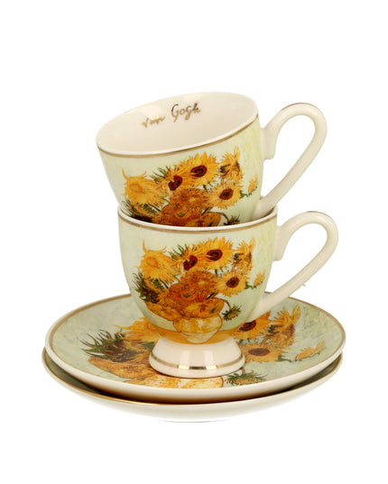 Set 2 cesti espresso cu farfurioare Floarea -Soarelui inspirat de Van Gogh - Golden Line, 90 ml - Victoria home deco