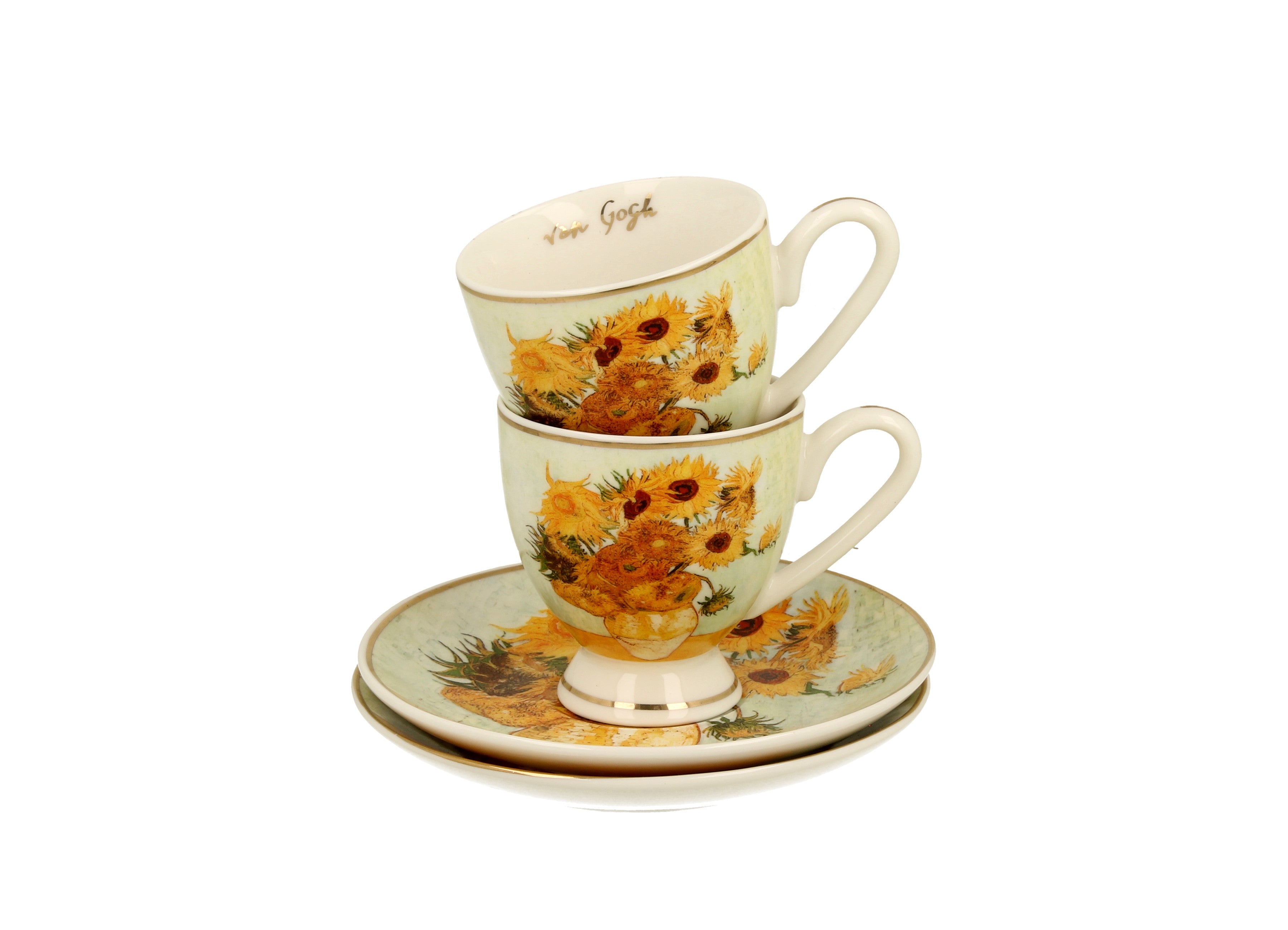 Set 2 cesti espresso cu farfurioare Floarea -Soarelui inspirat de Van Gogh - Golden Line, 90 ml - Victoria home deco