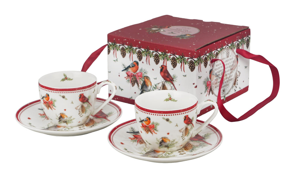 Set 2 cesti espresso cu farfurii Duo Gift, Birds of Winter, 110 ml