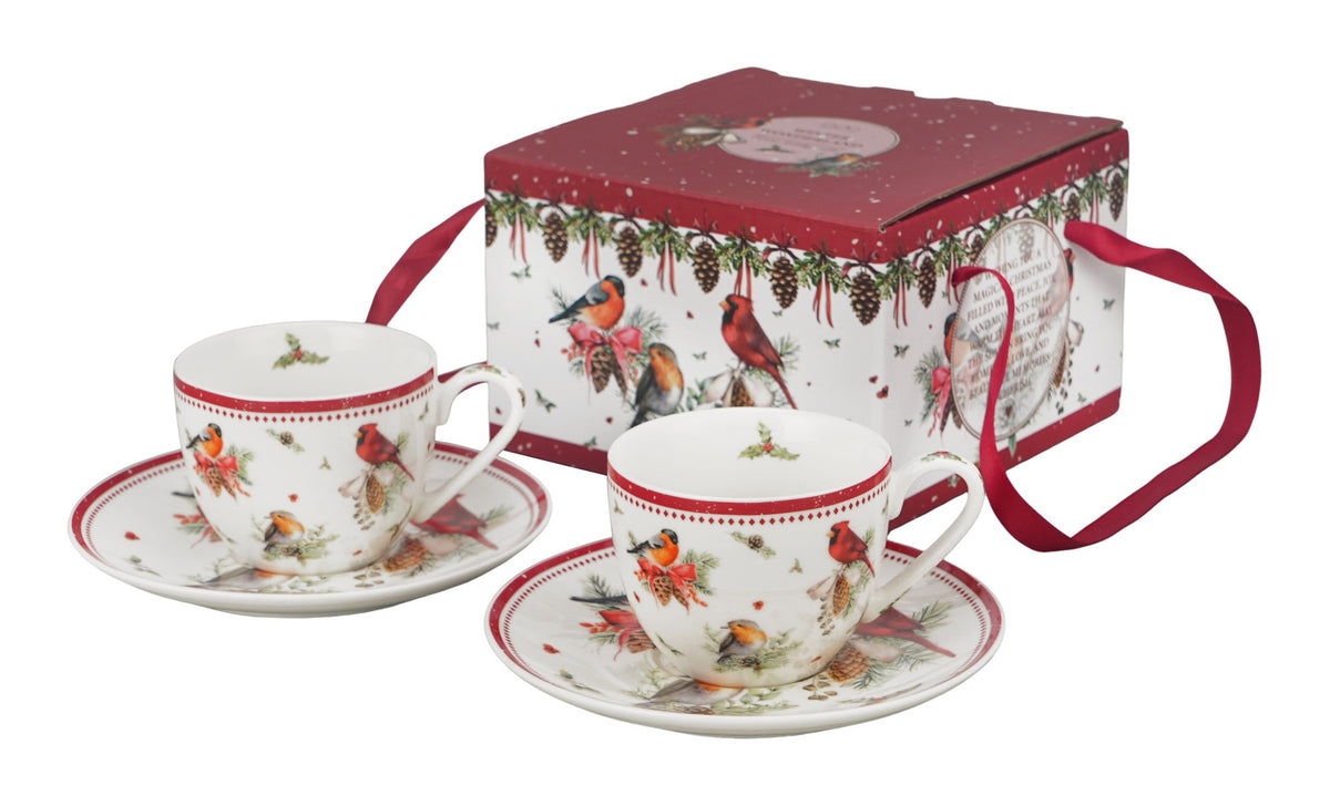 Set 2 cesti espresso cu farfurii Duo Gift, Birds of Winter, 110 ml