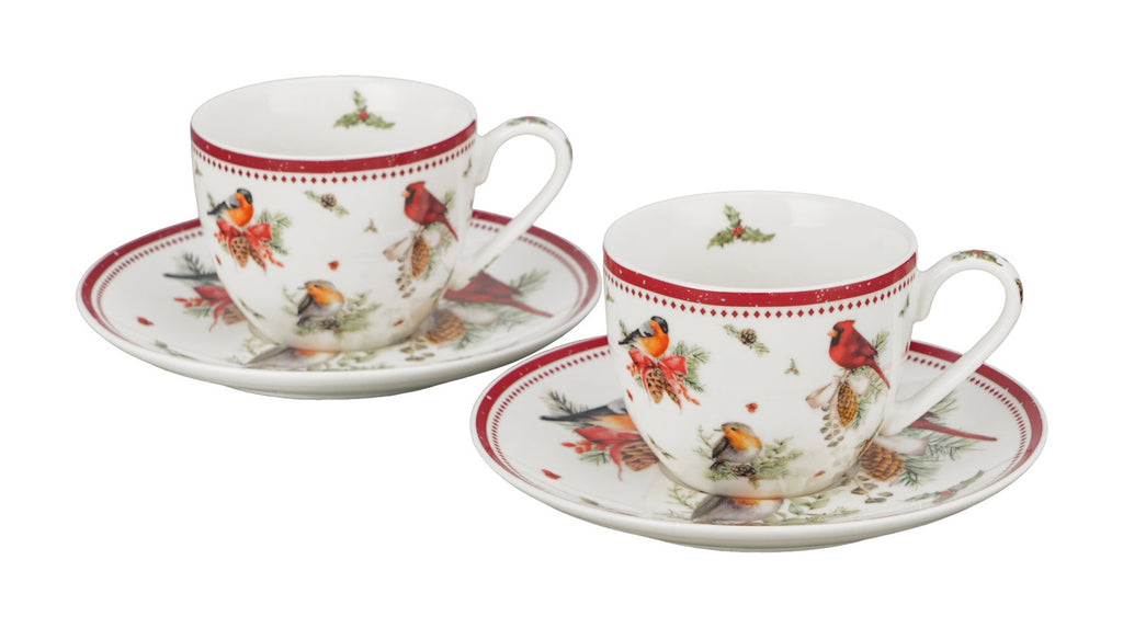Set 2 cesti de Craciun, cu farfurioare, 270 ml, Birds of Winter