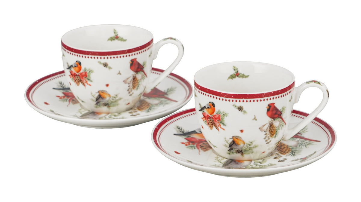 Set 2 cesti de Craciun, cu farfurioare, 270 ml, Birds of Winter