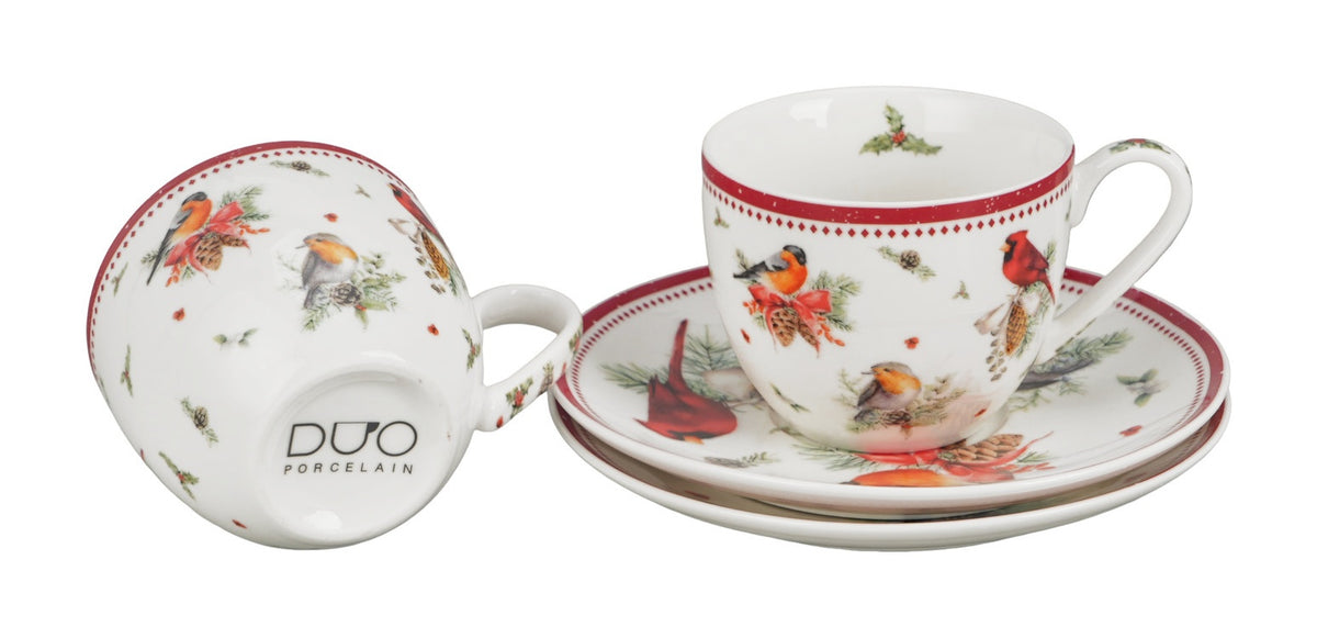 Set 2 cesti espresso cu farfurii Duo Gift, Birds of Winter, 110 ml
