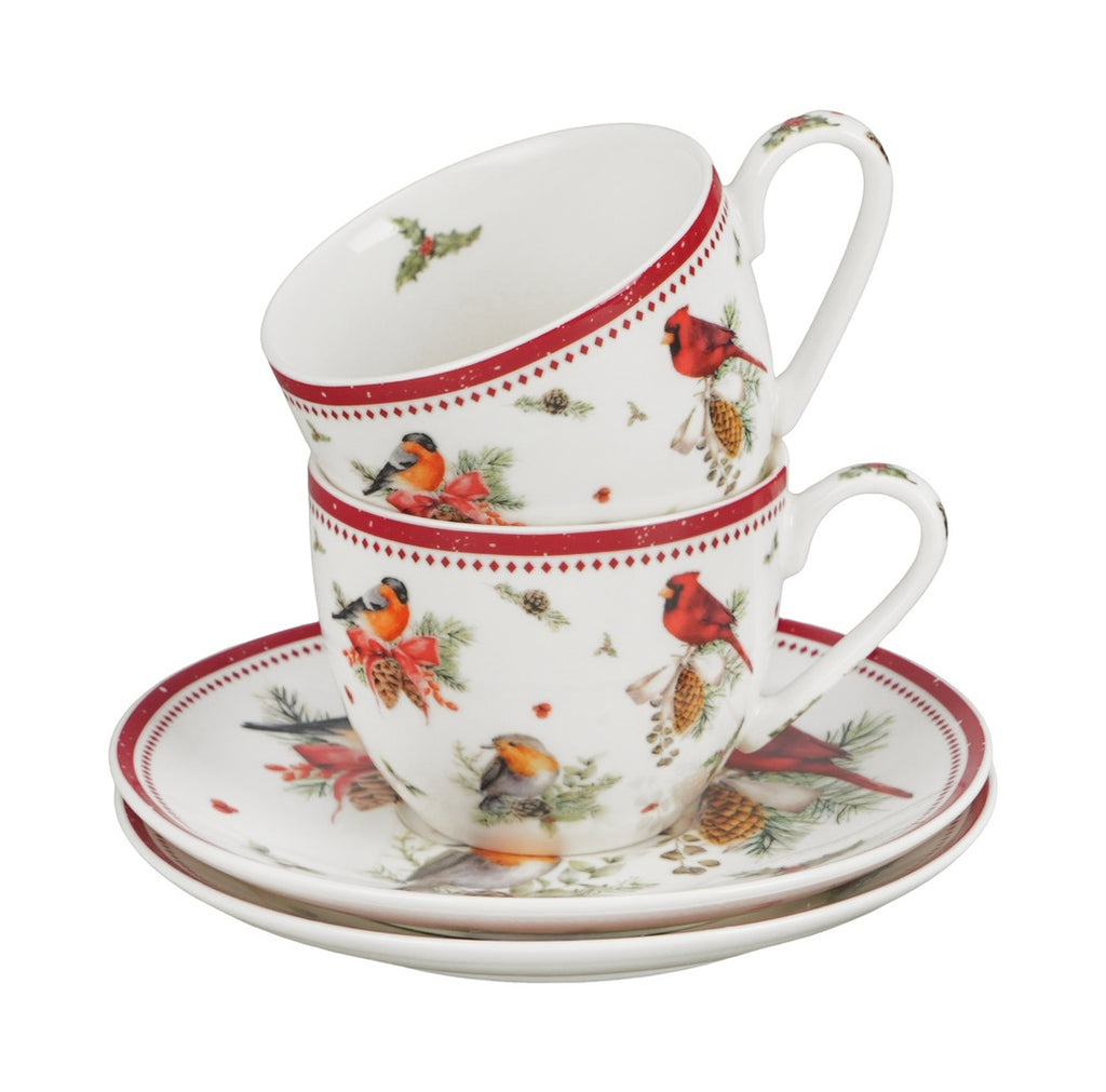 Set 2 cesti espresso cu farfurii Duo Gift, Birds of Winter, 110 ml