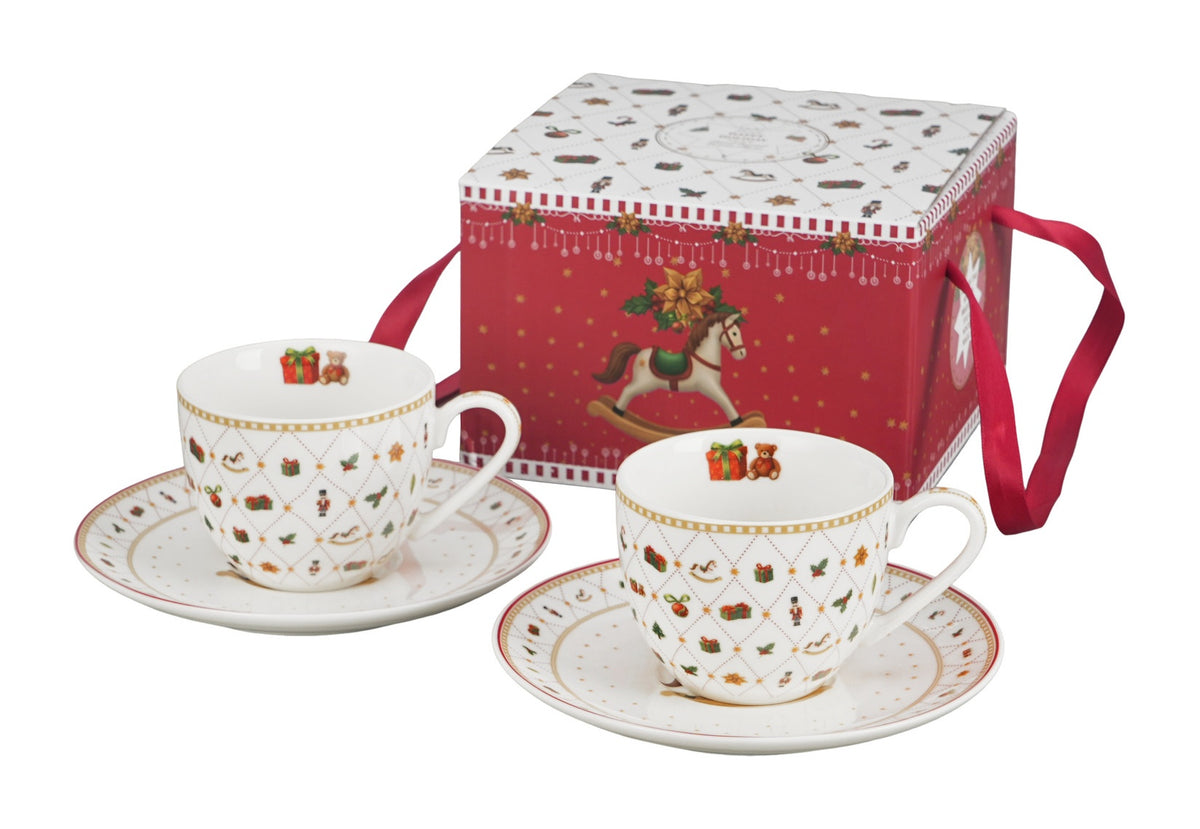 Set 2 cesti de Craciun, cu farfurioare, 270 ml, Ornament Joy