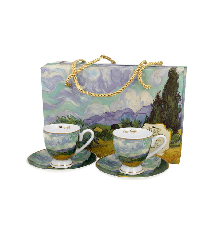 Set 2 cesti espresso cu farfurii Weat Field, inspirat de Van Gogh - Golden Line, 90 ml - Victoria home deco
