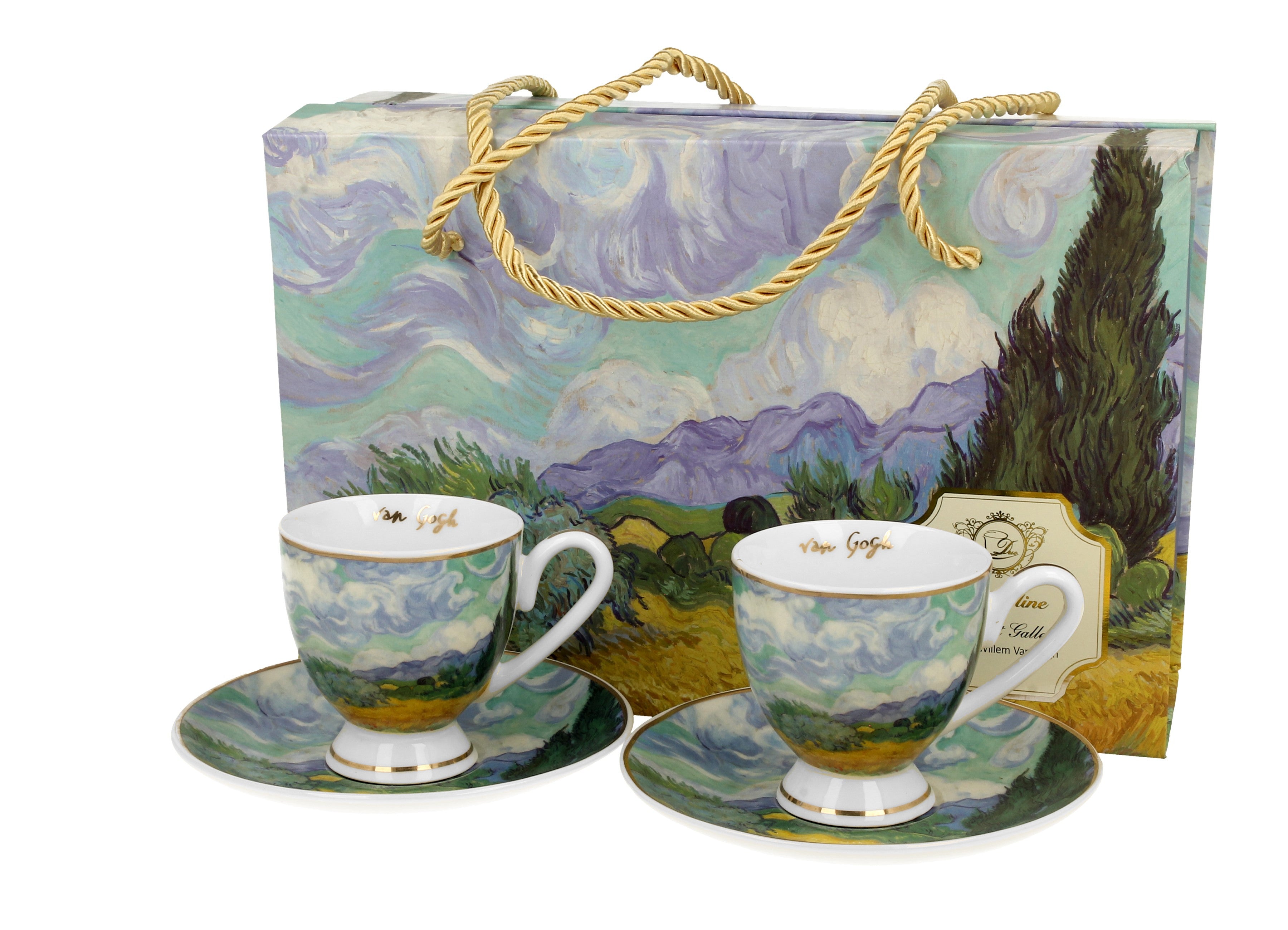 Set 2 cesti espresso cu farfurii Weat Field, inspirat de Van Gogh - Golden Line, 90 ml - Victoria home deco