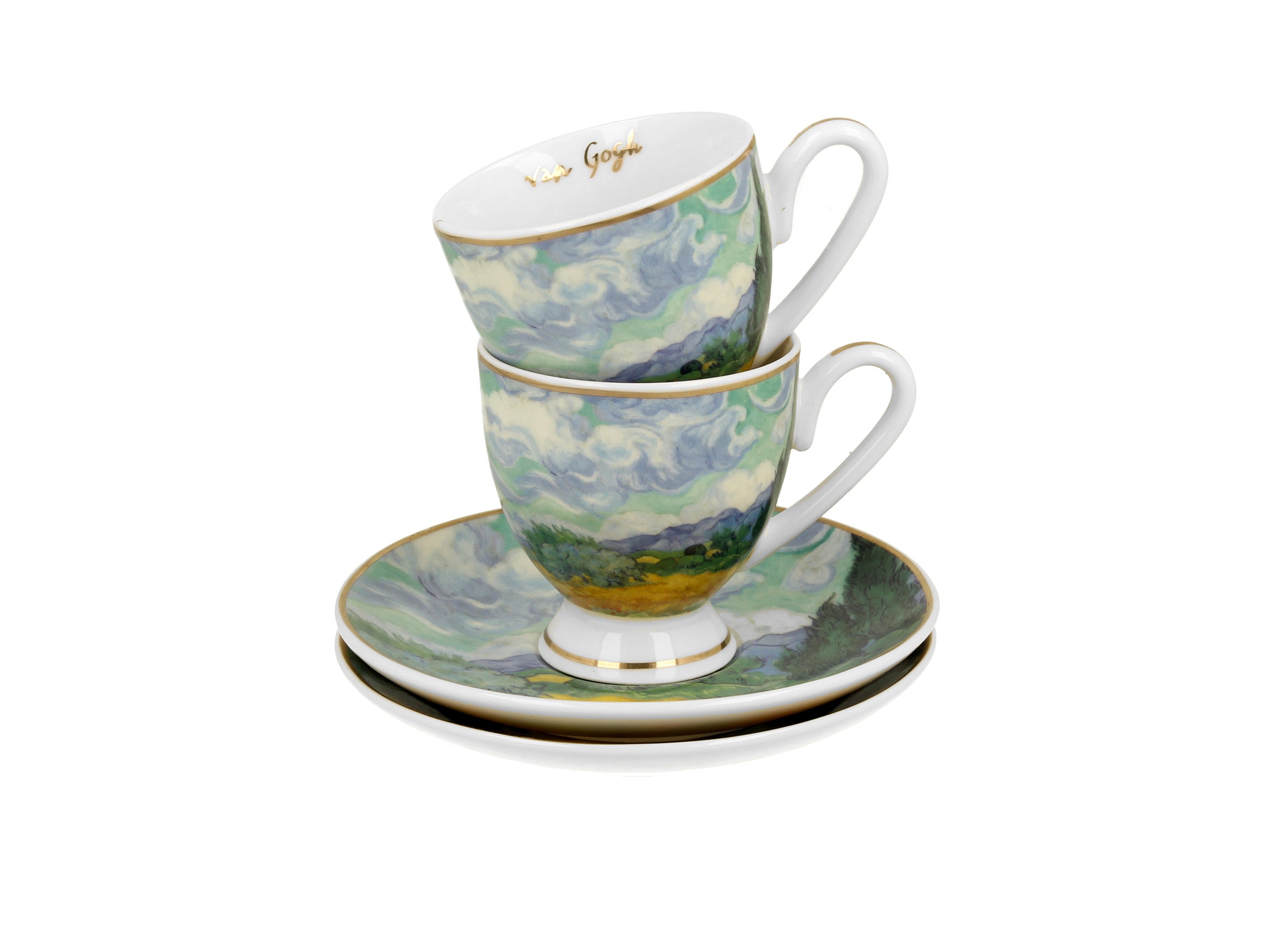 Set 2 cesti espresso cu farfurii Weat Field, inspirat de Van Gogh - Golden Line, 90 ml - Victoria home deco