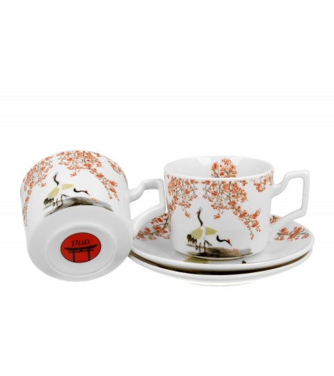 Set de 2 cesti de lux cu farfurie, Duo Sakura &Cranes portelan, 270 ml, multicolor, DUO