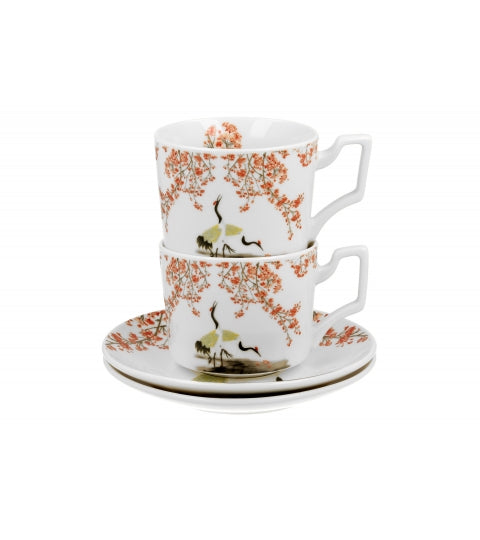 Set de 2 cesti de lux cu farfurie, Duo Sakura &Cranes portelan, 270 ml, multicolor, DUO