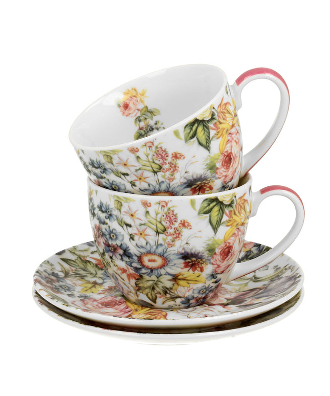 Set de 2 cesti si farfurie, Blanca, portelan, multicolor, 250 ml - Victoria home deco