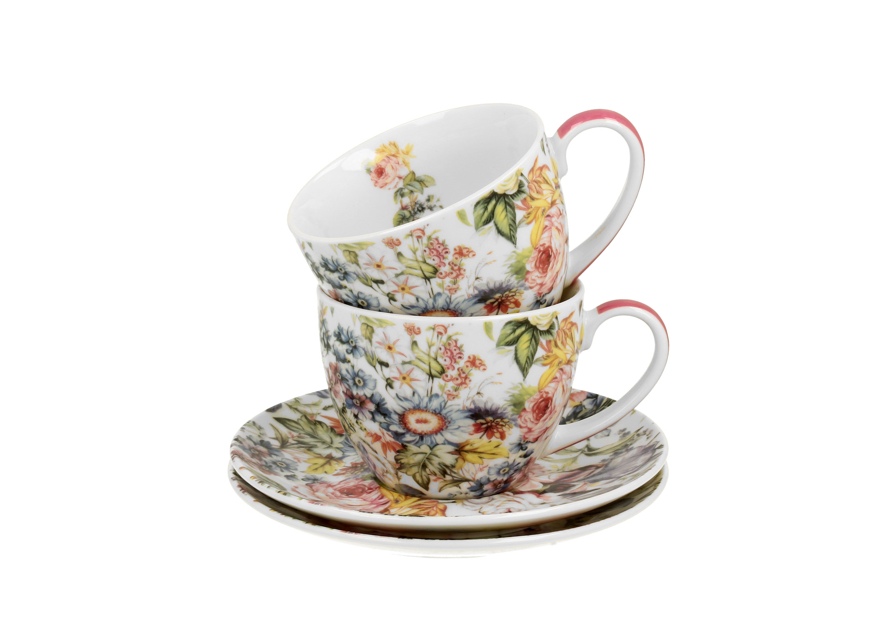 Set de 2 cesti si farfurie, Blanca, portelan, multicolor, 250 ml - Victoria home deco
