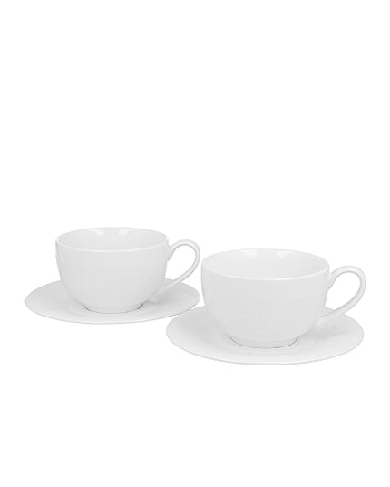 Set de 2 cesti si farfurie, Diamond, din portelan, albe, 250 ml