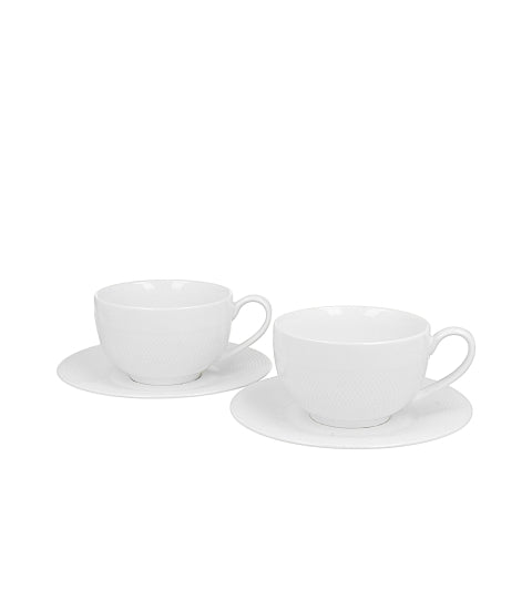 Set de 2 cesti si farfurie, Diamond, din portelan, albe, 250 ml