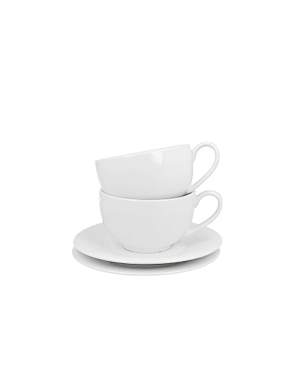 Set de 2 cesti si farfurie, Diamond, din portelan, albe, 250 ml