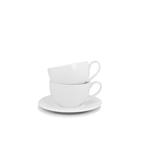 Set de 2 cesti si farfurie, Diamond, din portelan, albe, 250 ml