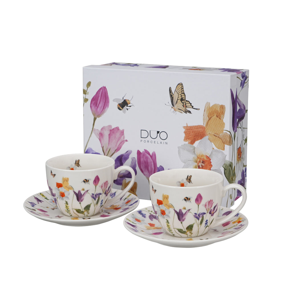 Set de 2 cesti si farfurie, May, portelan, multicolor, 270 ml