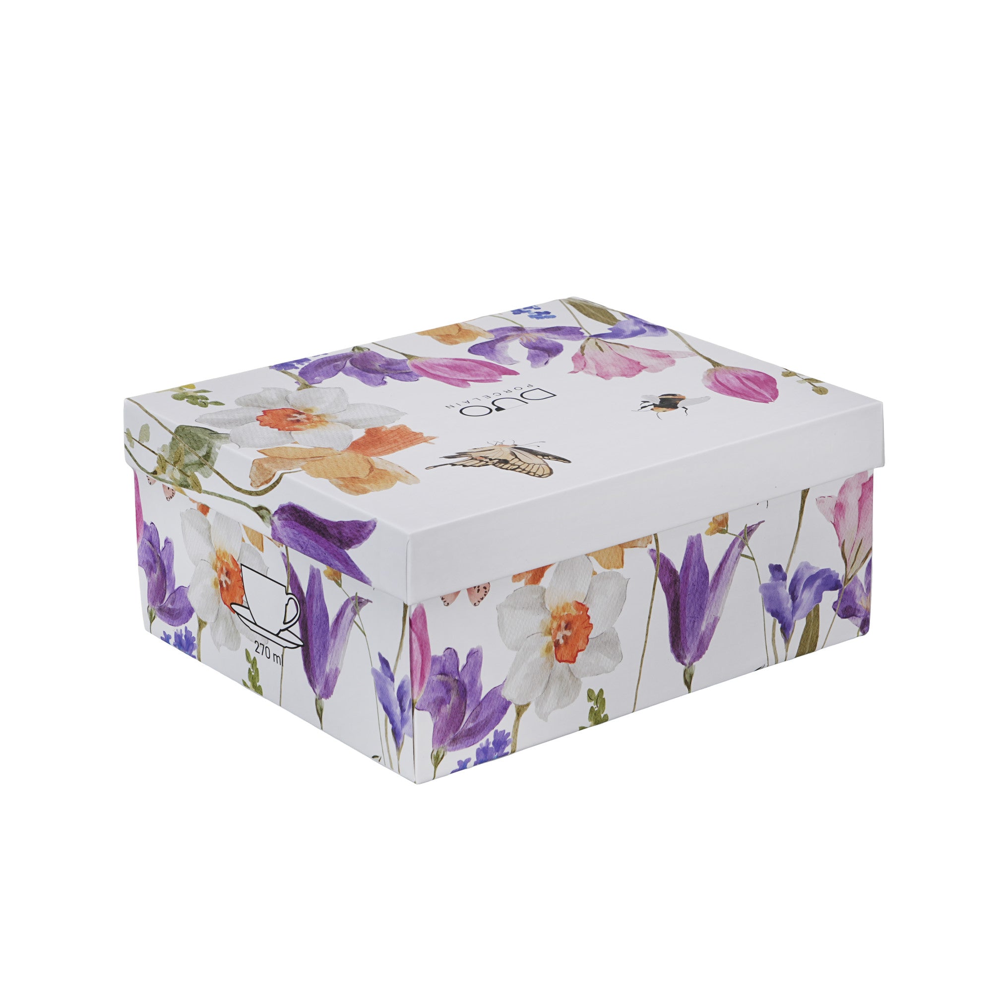 Set de 2 cesti si farfurie, May, portelan, multicolor, 270 ml