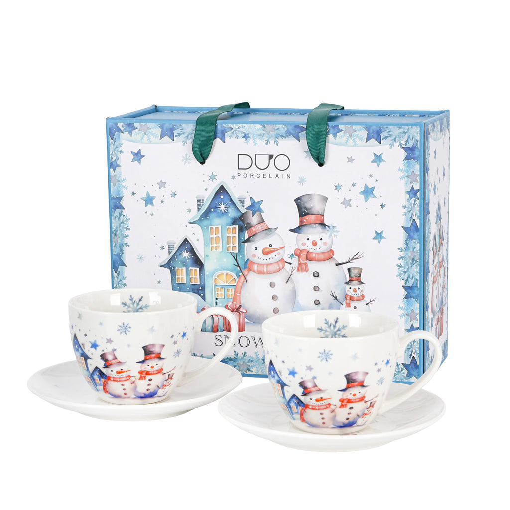 Set 2 cesti cu farfurioare, de Craciun, om de zapada, 280 ml