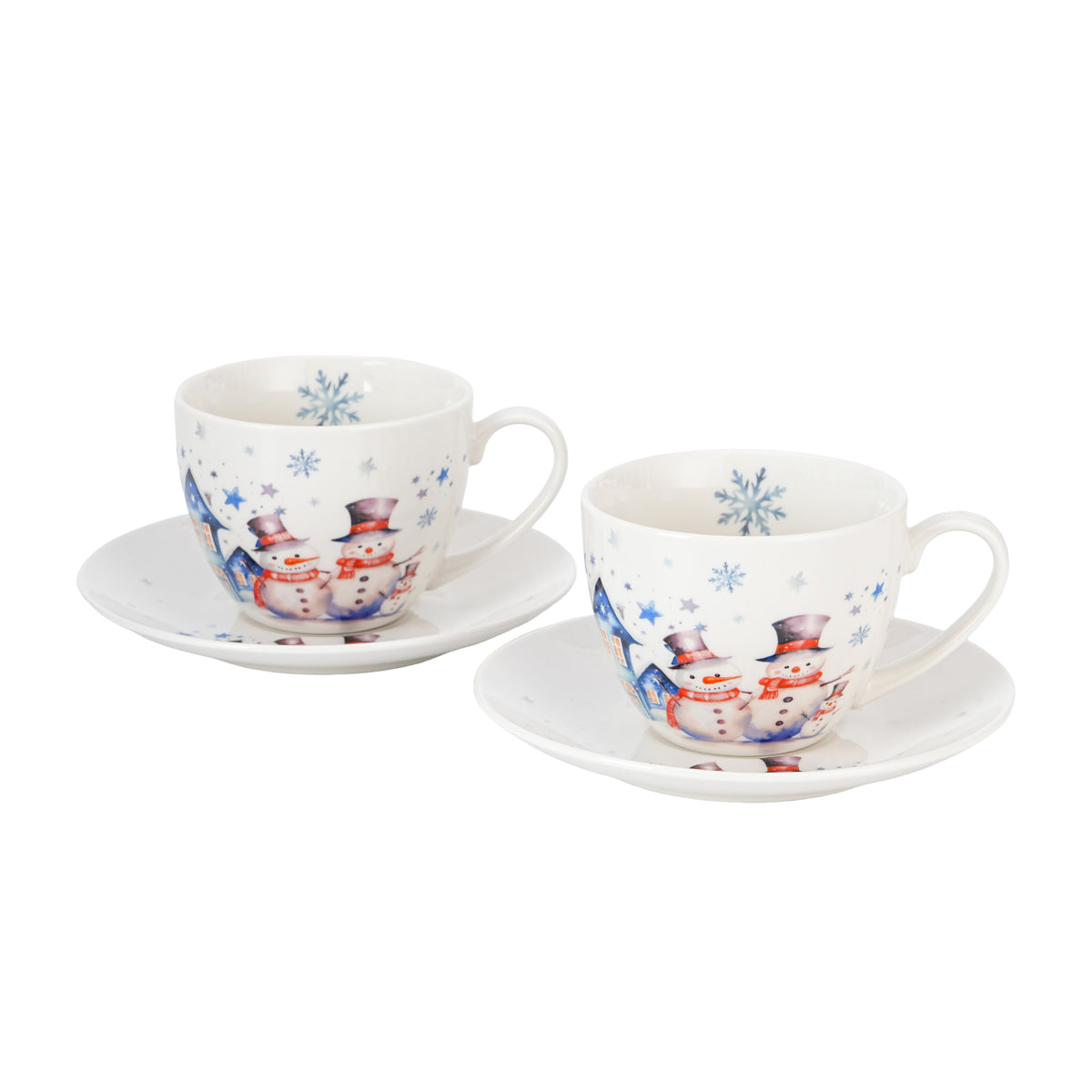 Set 2 cesti cu farfurioare, de Craciun, om de zapada, 280 ml
