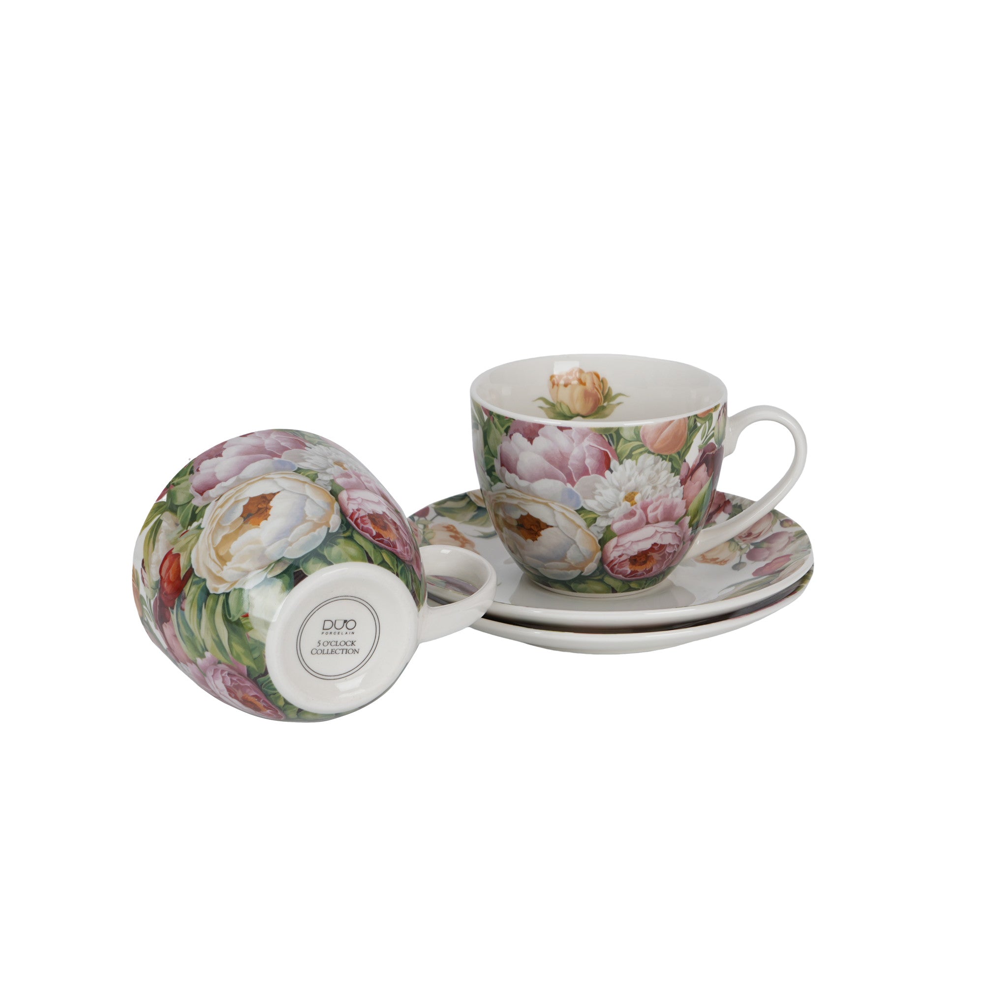Set de 2 cesti si farfurie, Bujori roz, 270 ml