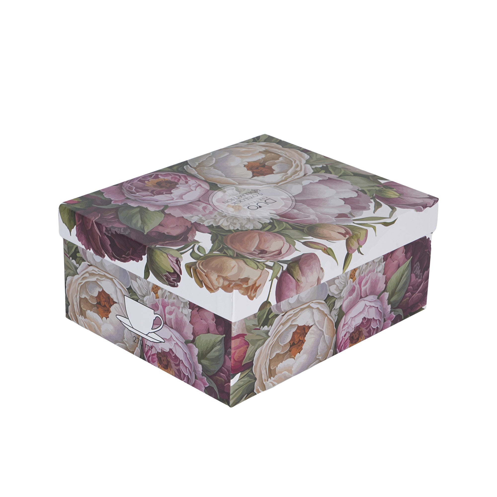 Set de 2 cesti si farfurie, Bujori roz, 270 ml