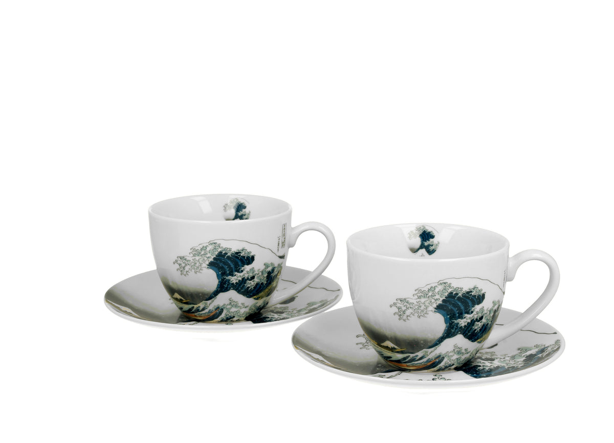 Set de 2 cesti si farfurie, Duo Hokusai-The Grate Wave portelan, alb-albastru, 270 ml