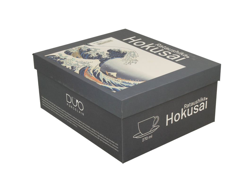 Set de 2 cesti si farfurie, Duo Hokusai-The Grate Wave portelan, alb-albastru, 270 ml