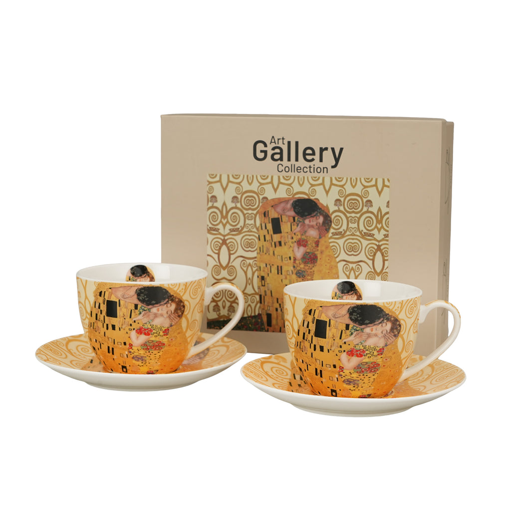 Set 2 cești și farfurioare THE KISS ECRU inspirate de Klimt, 270 ml